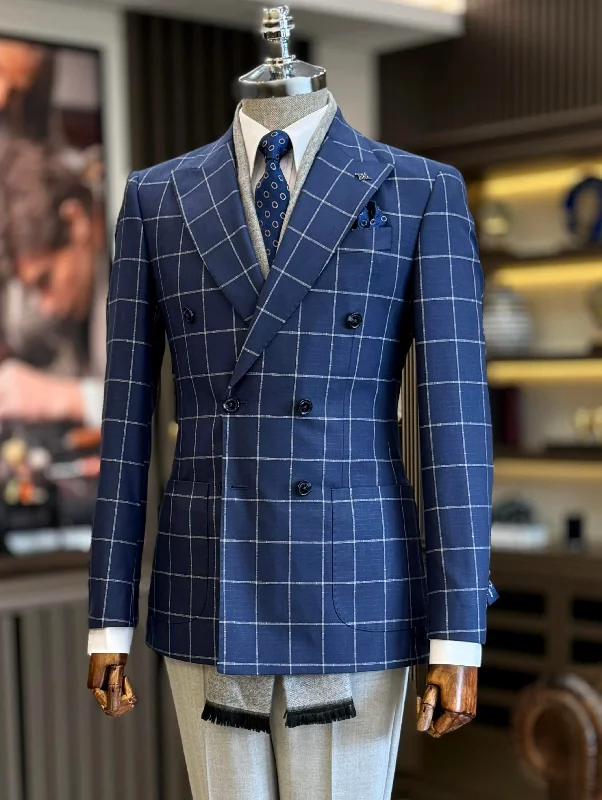 Fashionable Items Navy Plaid Double Breasted Blazer