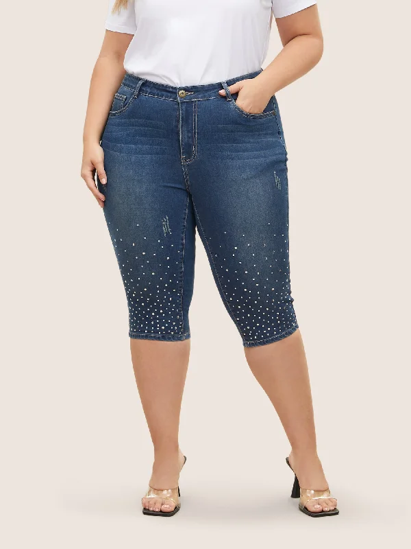 High-end Fashion Rhinestone Vintage Dark Wash Pull On Jegging Jeans