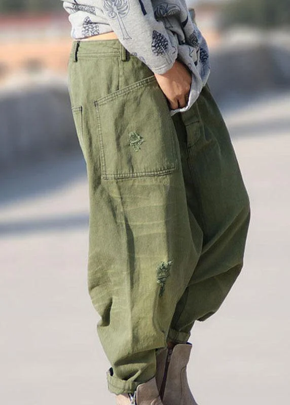 Classic Style Organic Green Pockets Hole Harem Fall Denim Pants