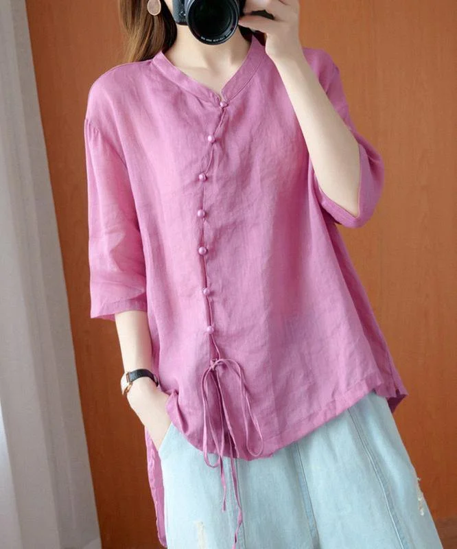 Artistic Temperament diy pink clothes For Women stand collar asymmetric blouse