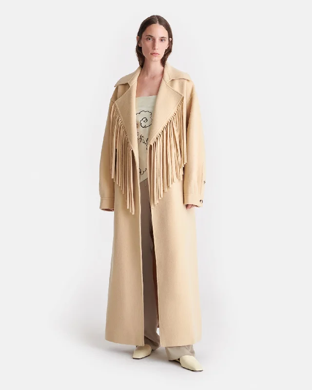 Street Fashion Vilora - Fringed Double Wool And Silk Coat - Creme