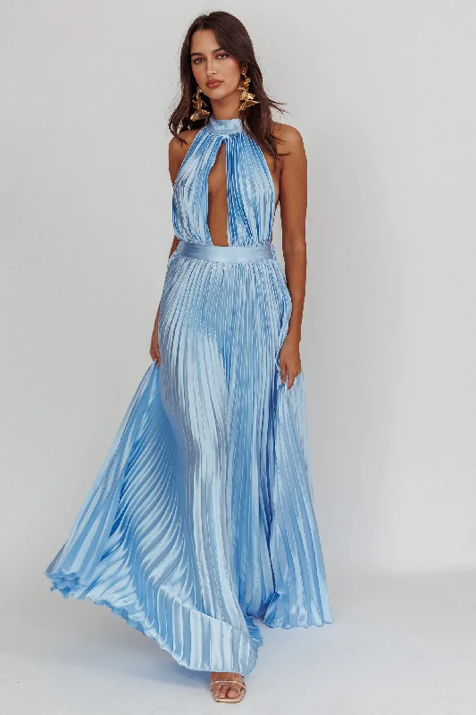 High Street Series Monarch Pleated Satin Maxi Dress Light Blue