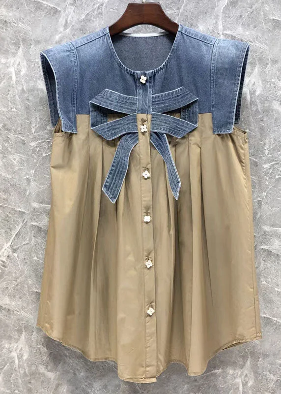 Basic Version Stylish Khaki Denim Bow Patchwork Linen Cotton Shirts Top Summer