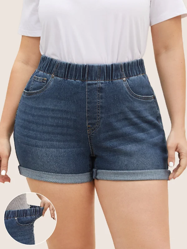 Exquisite Tailoring Dark Wash Elastic Waist Roll Hem Denim Shorts
