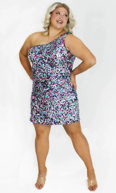 Sports Style Sydney's Closet SC8135 - Asymmetric Neck Shimmer Cocktail Dress
