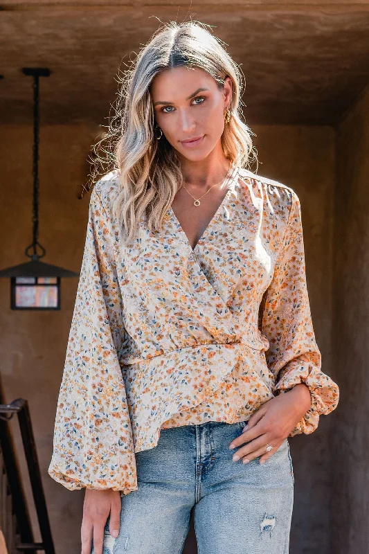 Fresh Wear Taupe Floral Print Surplice Top - FINAL SALE