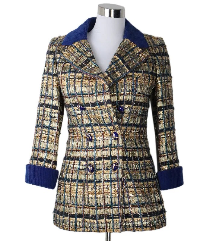 Fashion Expert Chanel Pre Fall 2019 Gold & Blue Tweed Blazer sz 4