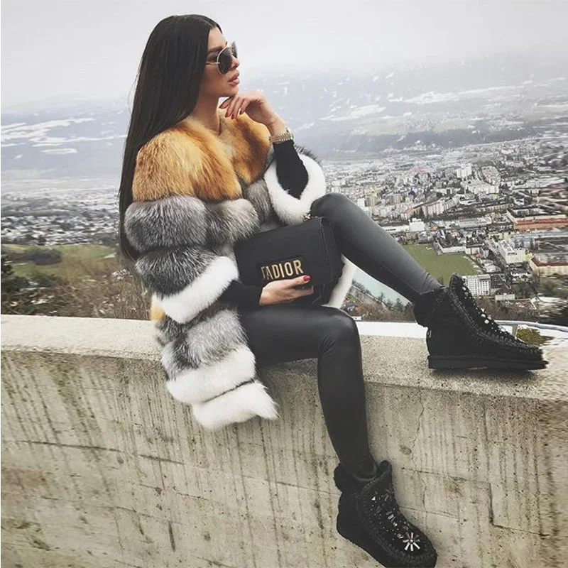 Perfect Tailoring Natural Real Fox Fur Detachable Coat