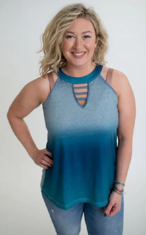 Comfortable Wear Ombre' Keyhole Tank Top, Blue