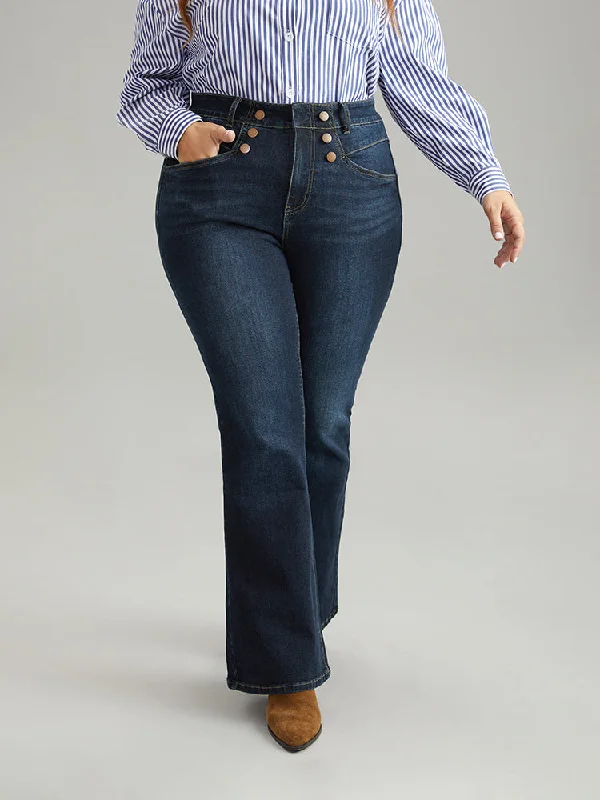 Lace Design Flare Leg Button Detail High Rise Jeans