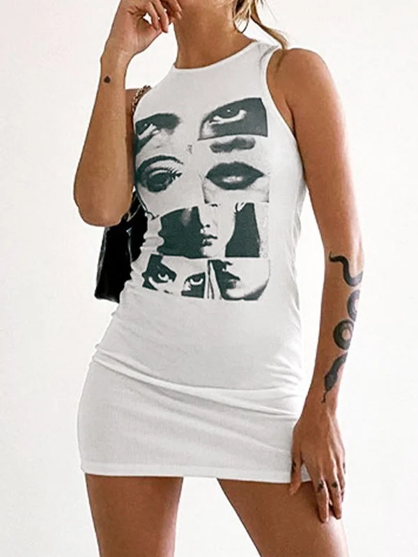 High Street Fashion Screen Face Ribbed Mini Dress