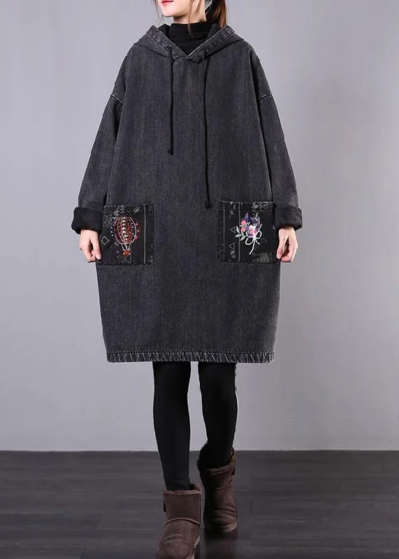 Luxury Classic diy denim black embroidery Plus Size casual coats women hooded patchwork jackets