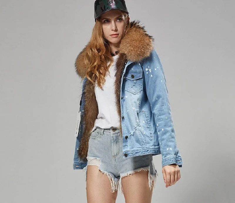 Fashion Wear Splash Denim Real Fox Fur Liner Coats (Multi-Colors)