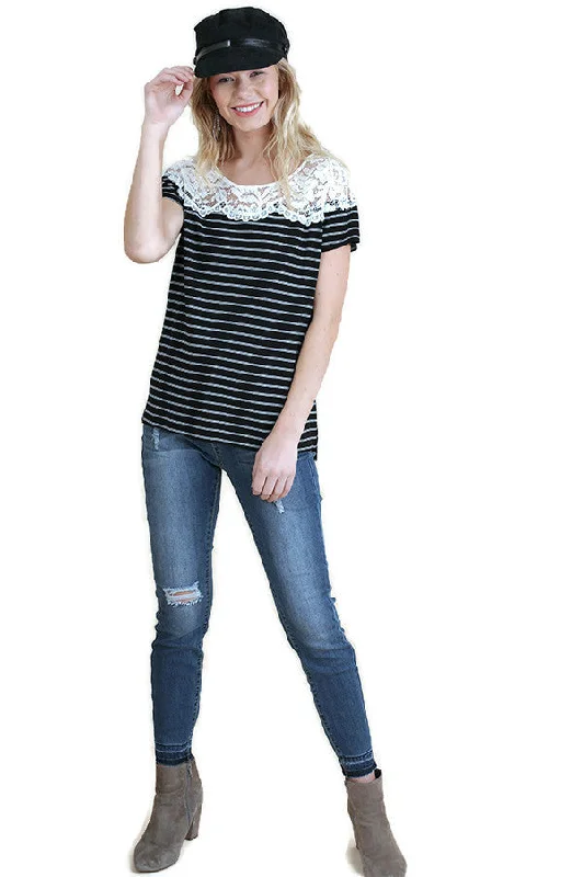Refreshing Design Striped & Lace Top, Black