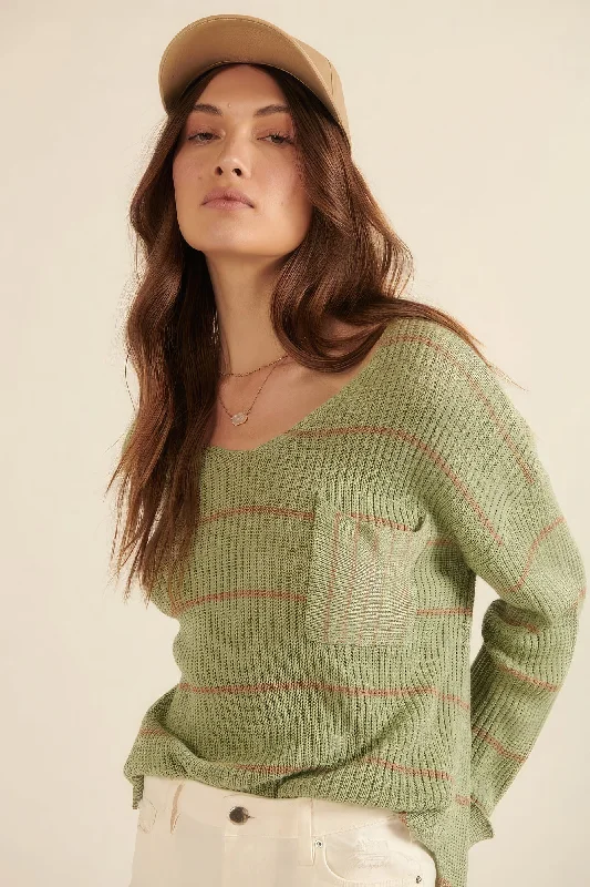 Body Design Striped Rib-knit Oversized Pocket Sweater