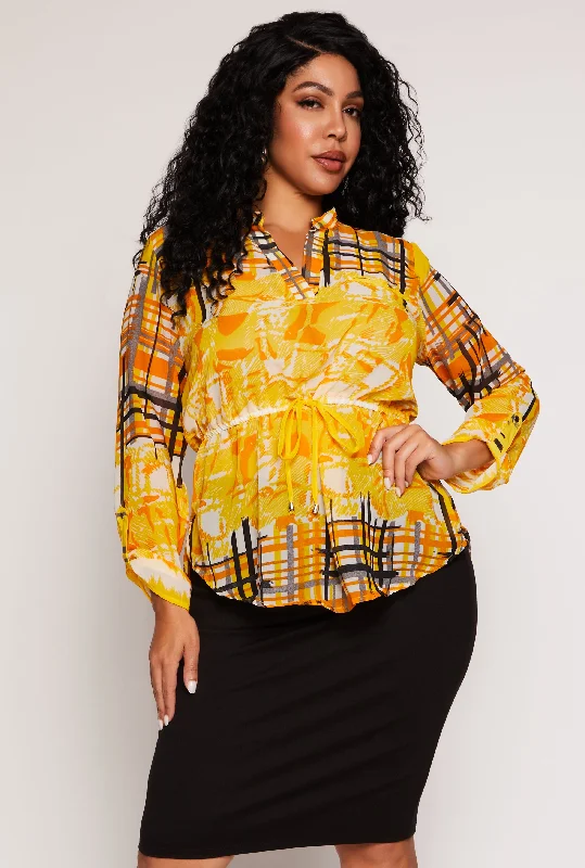 Free And Comfortable Plus Size Plaid Printed Tie Waist Top