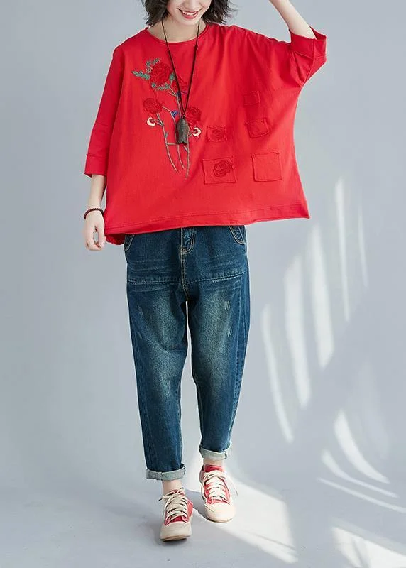High Street Series diy red cotton tunic top Plus Size Sleeve o neck patchwork Dresses Summer shirts