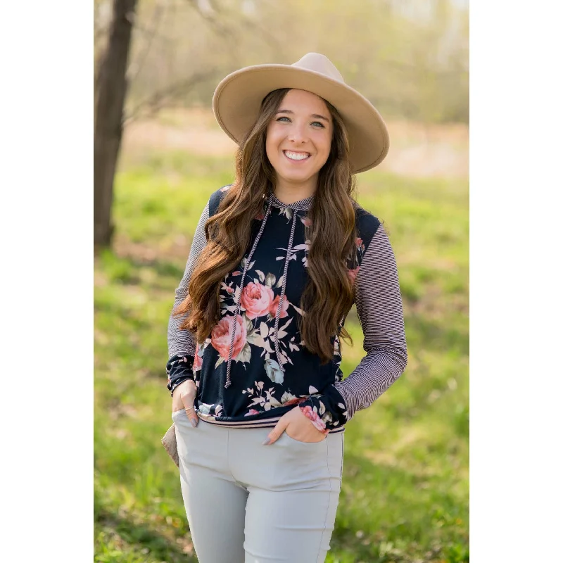 Retro Design Striped Sleeve Floral Hoodie