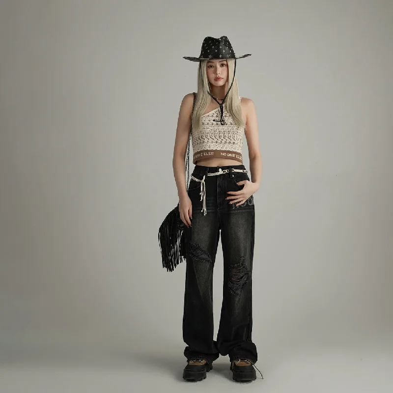 European Plan Distressed Wide Denim Jeans