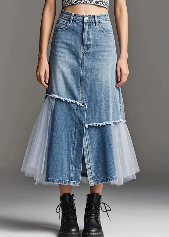 Fashion Wear Modern Blue Tulle Patchwork Side Open Denim Skirt Spring