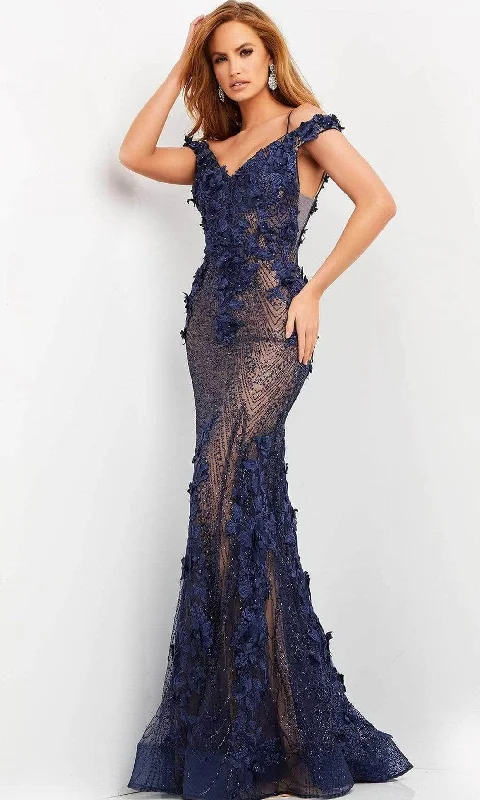 Unique Fashion Jovani - V-Neck Floral Applique Evening Dress 06649SC