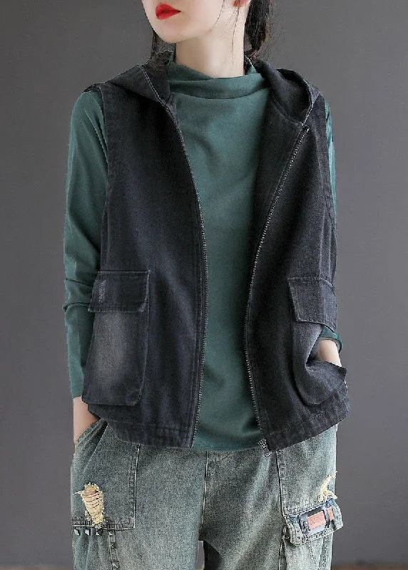 Minimal Style French Black Denim hooded Patchwork Fall Waistcoat Sleeveless