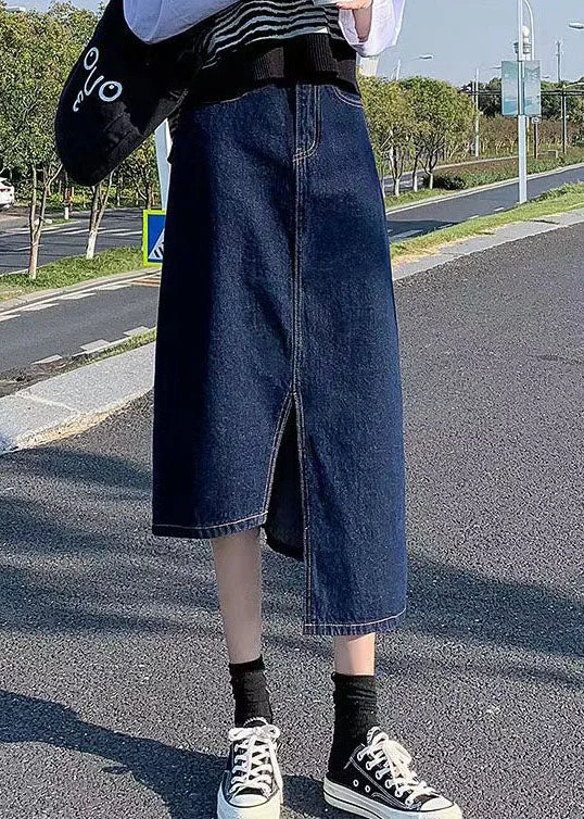 Exquisite Details Elegant Navy Side Open Asymmetrical Pocket Cotton Denim Wraped Skirts Summer