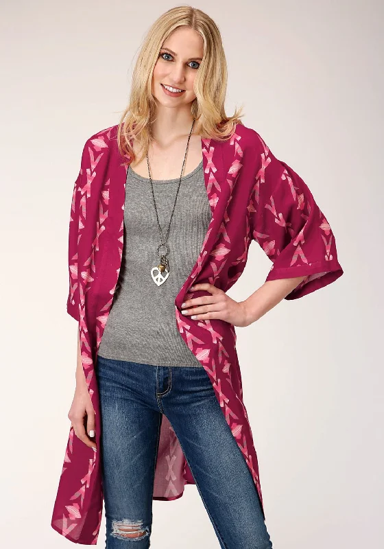 End Of The Year Roper Womens Wine Rayon/Nylon Aztec Print Kimono Cardigan