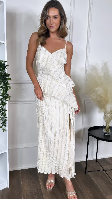 Cool Style Shelby Cream & Gold Strappy Frill Detail Maxi dress
