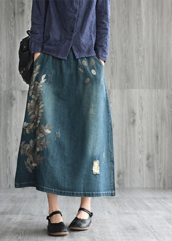 High-end Fashion Natural Dark Blue pockets Embroideried Cotton denim Skirts Spring