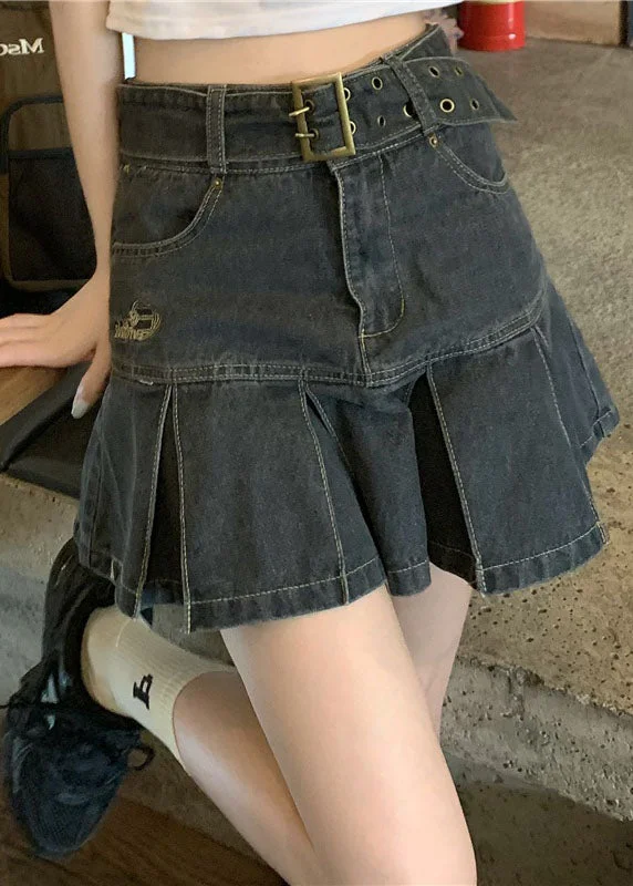 Exquisite Design Sexy Black Grey High Waist Sashes Pockets Patchwork Cotton Denim Pleated Skirts Summer Exquisite Design Sexy Black Grey High Waist Sashes Pockets Patchwork Cotton Denim Pleated Skirts Summer