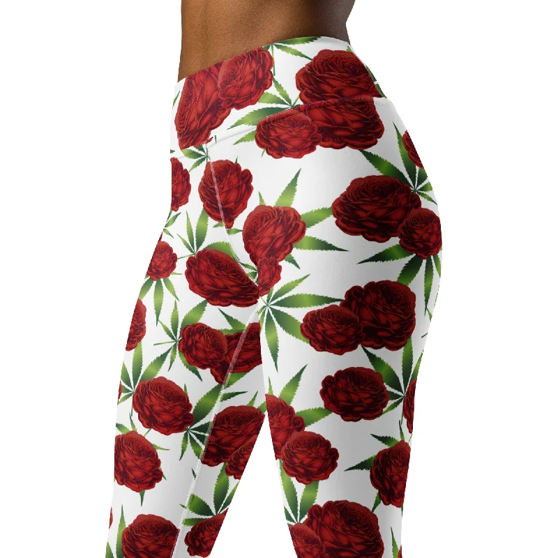 Fashion Must-have Red Weed Roses White Yoga Leggings