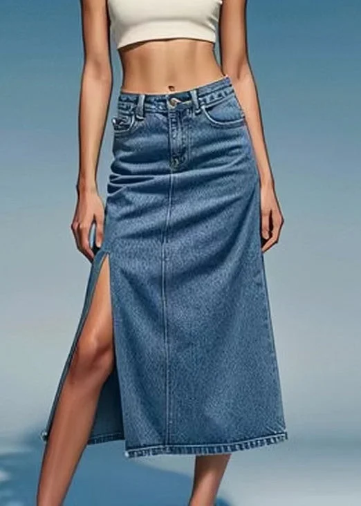 Dressing Tips Loose Blue Pockets Side Open Denim Summer Skirts