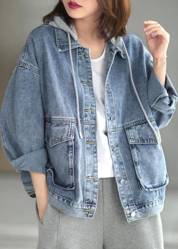 Modernism Beautiful Light Denim hooded Pockets Button Fall Long sleeve Coat