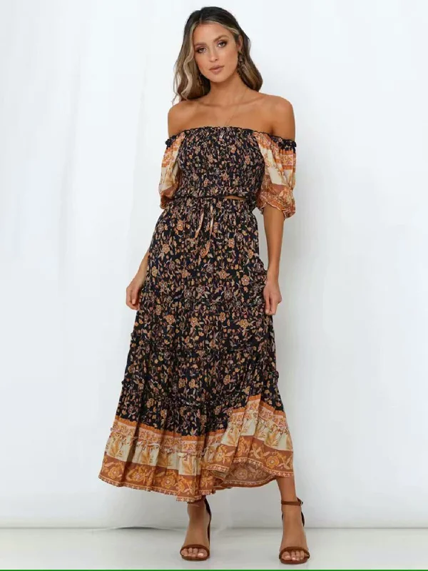 Elegant Outline BerriesJam - Vintage Floral Print Elastic Loose Skirt 2 Piece Set