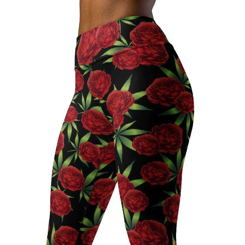 Economic Outlook Black Red Rose Yoga Leggings