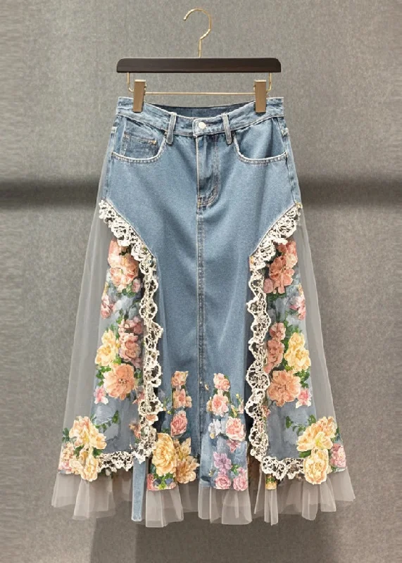 Leisure Sports Boutique Light Blue Tulle Patchwork Flower Denim Skirts Fall