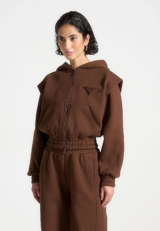 Exquisite Details Éternelle Wide Shoulder Zip Through Hoodie - Brown