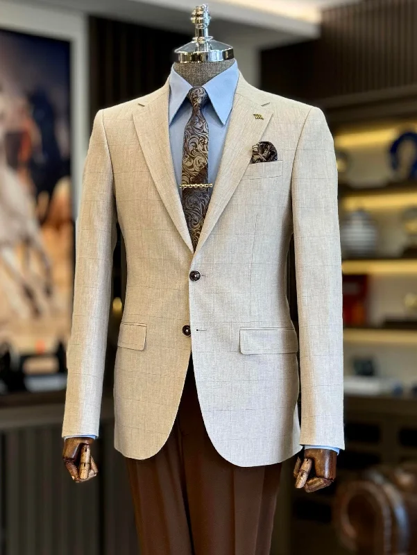 Tropical Style Beige Plaid Single Breasted Blazer