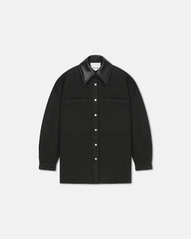 Free And Comfortable Beaux - Leather-Trimmed Denim Shirt - Anthracite