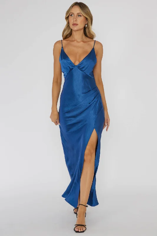 Versatile Itinerary Marlie Side Pleat Maxi Dress Navy