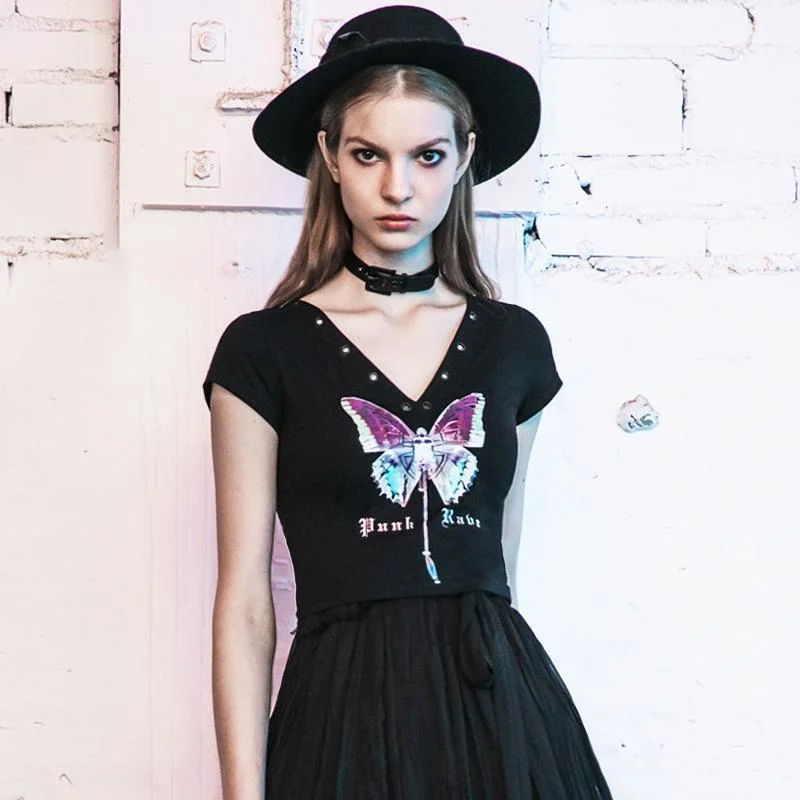 Trendy Items Women's V-neck Eyelets Butterfly Pattern Fitted T-shirts