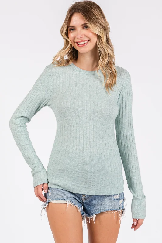 Classic Style Mint Ribbed Long Sleeve Top