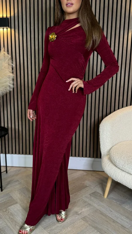 Exquisite Tailoring Ayda Burgundy Split Neckline Brooch Detail Maxi Dress