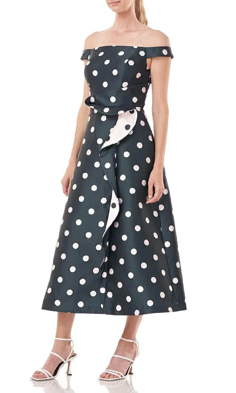 Refreshing Design Kay Unger 5517419 - Off-Shoulder Polka Dot Printed Tea-Length Dress