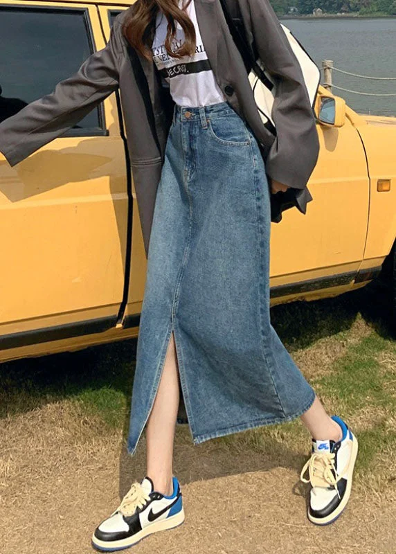 Fashion Concept Fashion Denim Blue High Waist Side Open Cotton A Line Skirt Summer