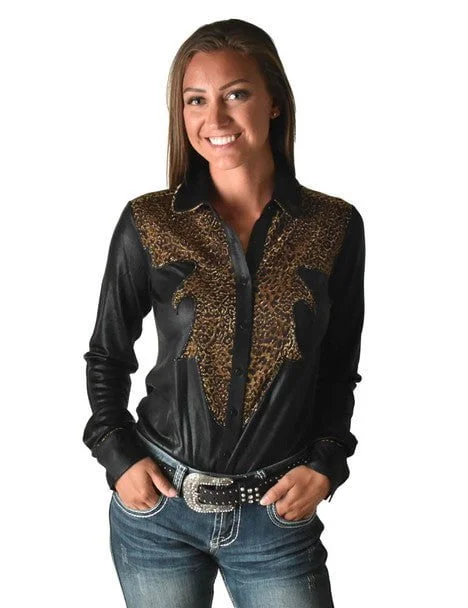 Refreshing Design Cowgirl Tuff Womens Western Metallic Black/Leopard Polyester L/S Shirt