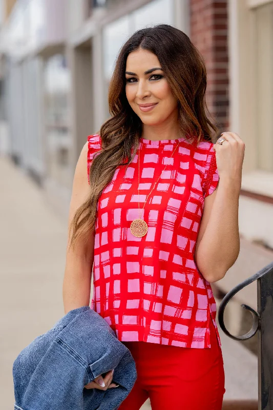 Fashionable In The Times Painted Grid Ruched Ruffle Trim Tank