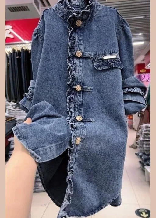 Youthful Style New Blue Ruffled Button Denim Coats Long Sleeve