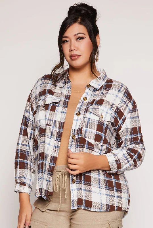Fashionable Inner Wear Plus Size Plaid Button Front Long Sleeve Shirt